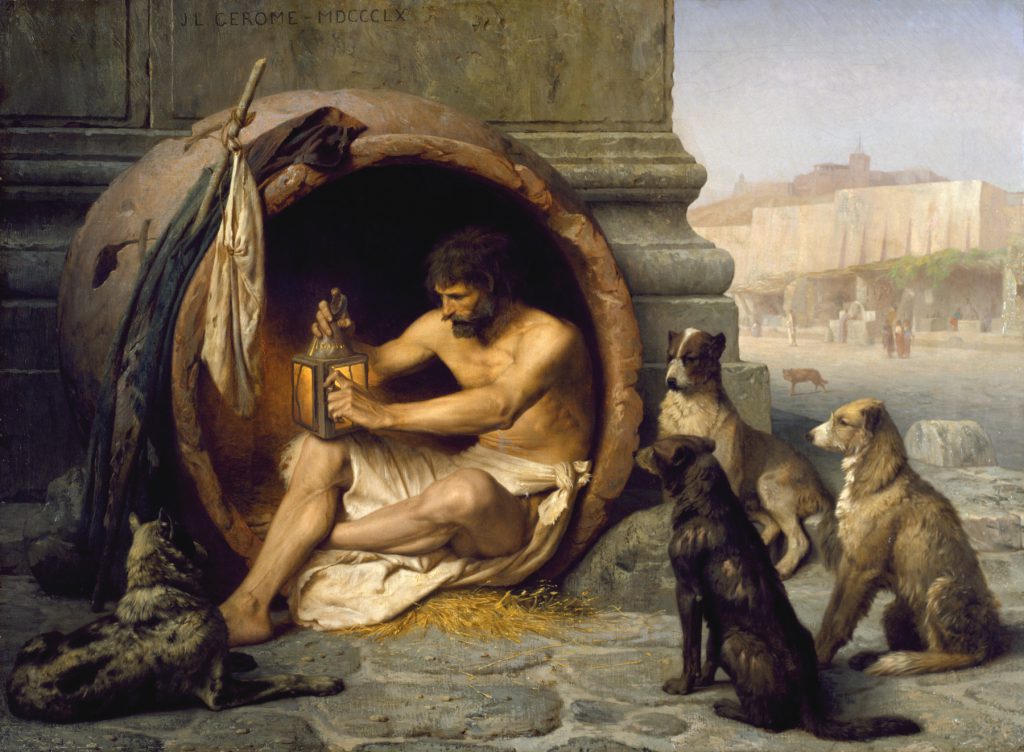 Diogenes in his Tub. Jean-Léon Gérôme, 1860. The philosopher sits,  attended by faithful dogs; the sources refer to some of his more outré behaviour. 