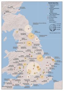 Map of UK with colour coding to denote use of medieval books in church services