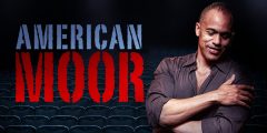Poster for American Moor, featuring a man in shirt sleeves crossing his arm across his chest.