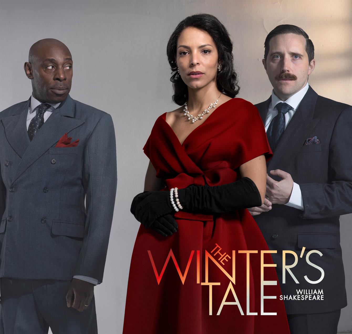 Two men and a woman stand behind the title 'The Winter's Tale'