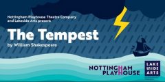 Poster for The Tempest, featuring an illustration of a bolt of lightning over a boat on a stormy sea.