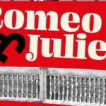 Image of the words Romeo & Juliet on a red background, inserted into an image of the wooden balcony at the Globe.