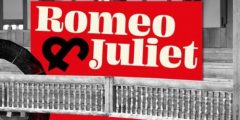 Image of the words Romeo & Juliet on a red background, inserted into an image of the wooden balcony at the Globe.