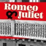 Image of the words Romeo and Juliet on a red background, inserted into an image of the wooden balcony at the Globe.