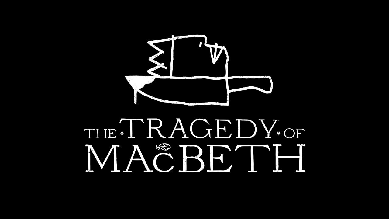 Stylised text of 'The Tragedy of Macbeth' with a sketch of a crown and dagger.