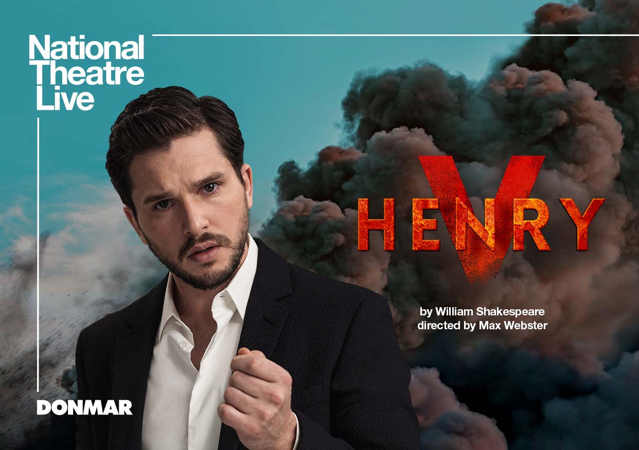 Poster for Henry V, featuring a suited man holding up his hand in a persuading gesture, in front of a smoke cloud.