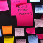 A photograph of 'Bigger picture' uncertainties (written on post-it notes) identified by Blue-Green Cities team at November Uncertainty Workshop