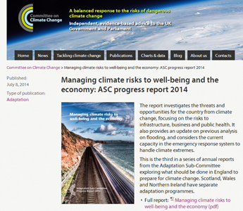 A screen shot from the Committee for Climate Chsnge website, Managing climate risks to well-being and the economy: ASC progress report 2014