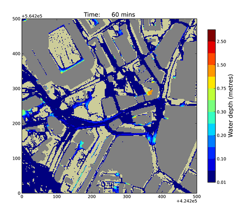 An image of flood inundation modelling output from CityCAT (Newcastle urban core)