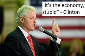 Picture of US President Bill Clinton giving speech with caption, it's the economy stupid
