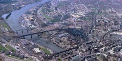 Aerial View of Newcastle upon Tyne, showing River Tyne, urbanisation and central business district.