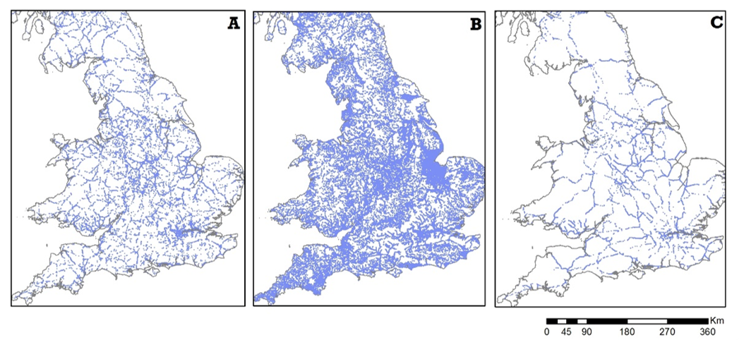 Transport networks in areas of flood risk, showing motorway, minor road and rail networks.