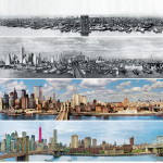 Four panel image showing how the New York City skyline has changed over the last 150 years. Viewpoint is the Eastern side of the Brooklyn Bridge looking towards Lower Manhattan.