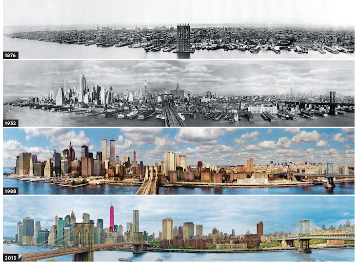 Four panel image showing how the New York City skyline has changed over the last 150 years.  Viewpoint is the Eastern side of the Brooklyn Bridge looking towards Lower Manhattan.