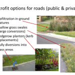 Figure 2. Photos and text discussing SuDS Retrofit options for roads at Houston Industrial Estate (West Lothian, Scotland).