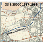 Images of old OS maps and an aerial image from maps.nls.uk. Maps are overlaid with the course of the Caroline Burn.