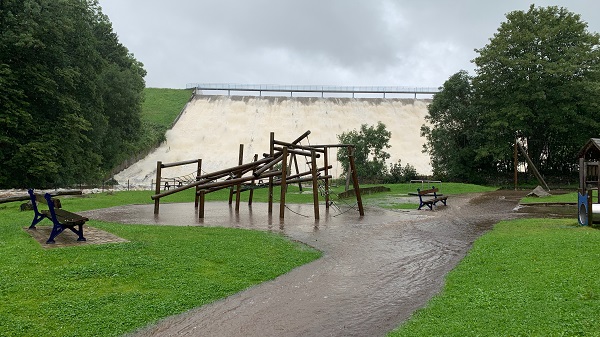 A photograph of water rushing down the Toddbrook dam spillway prior to the evacuation of Whaley Bridge. hoto credit: David Lee.
