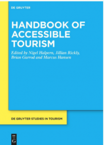 Handbook with bright blue cover and yellow boarder on left - white text Handbook of accessible tourism