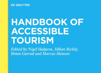 front cover of a book, white text - Handbook of Accessible Tourism, teal background with yellow block of colour on left