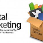 Digital marketing with box of social media icons such as Facebook