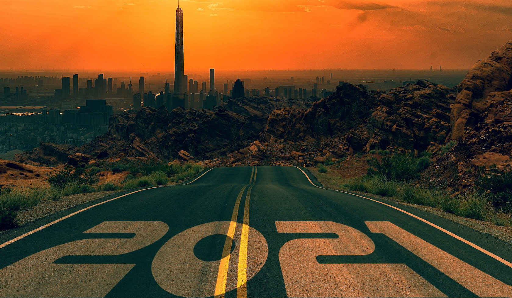 View of a city with 2021 written on the road