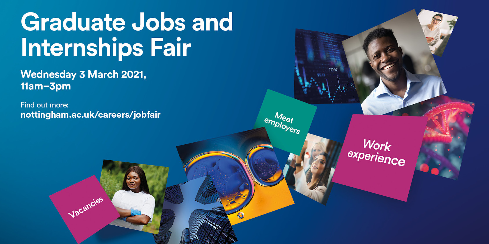 Various images for the Graduate Jobs and Internships Fair 3 March 2021