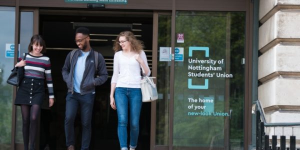 Students walking out of the Students' Union in Portland Building