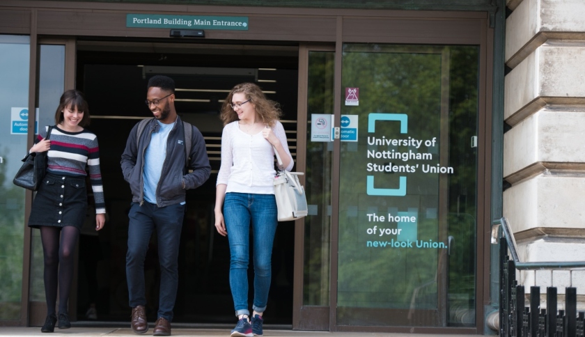 Students walking out of the Students' Union in Portland Building