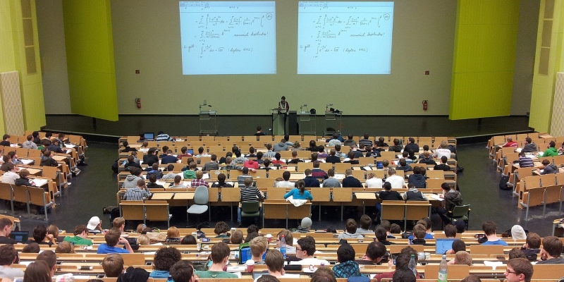 Lecture theatre at a university with students and a lecturer