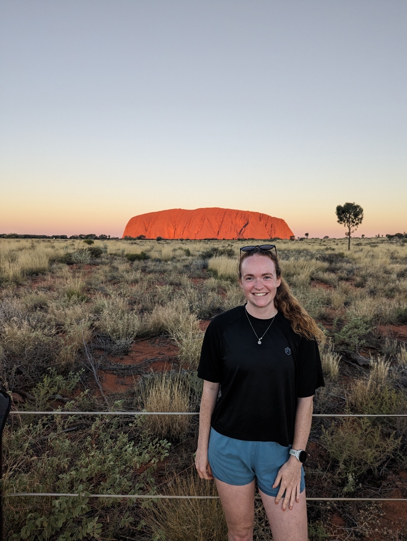 Helen Cridland in front of Ayers Rock