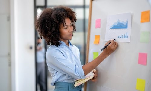 woman writing on a whiteboard