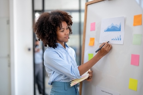 woman writing on a whiteboard