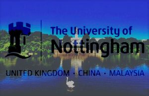 A photograph of the Trent building seen from the lake overlaid with the University of Nottingham's logo