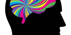Vector illustration of a male head silhouette with a psychedelic coloured brain on it