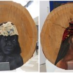 An example of Adagio Nkwocha’s self-portraits; each on one side of the same section of wood