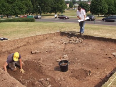 Two students excavating Keighton Hill in 2006, supervised by Lloyd Laing. Credit: University of Nottingham Museum.