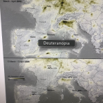 A visualisation of NO2 levels in Europe 2019-2020 with colourblindness filter applied