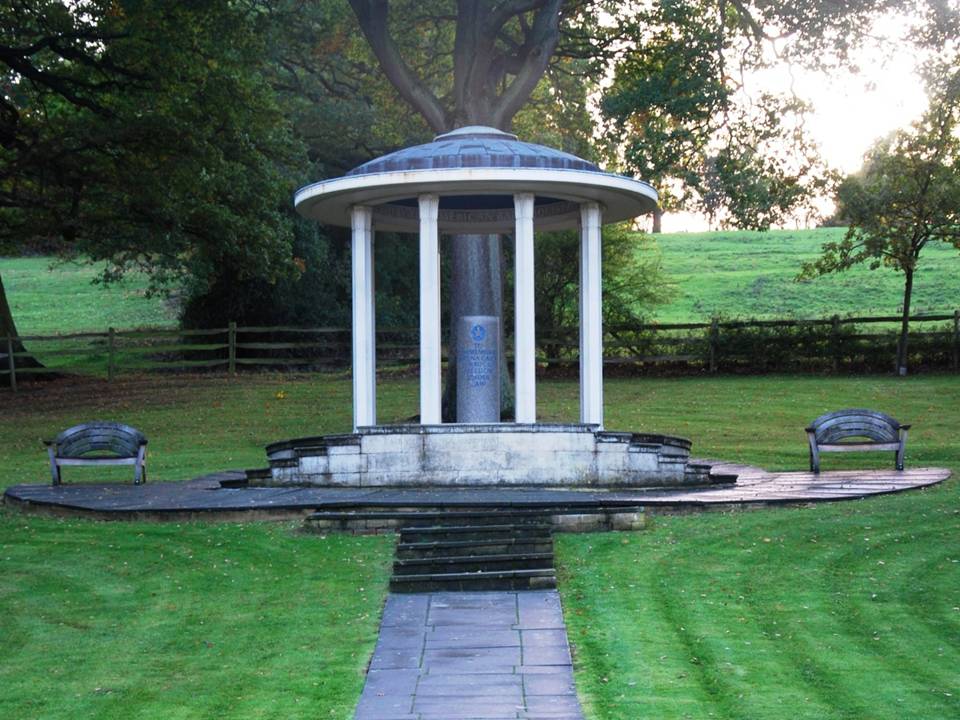 The Magna Carta memorial. The Runnymede eco-village overlooks the meadow where the Magna Carta was signed by King John and the Barons in 1215. 