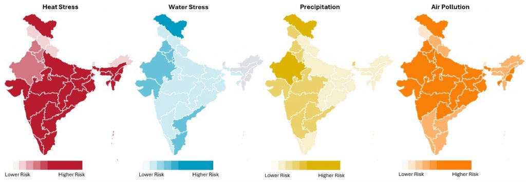 A picture showcasing four different maps of India detailing risk areas and their impact.