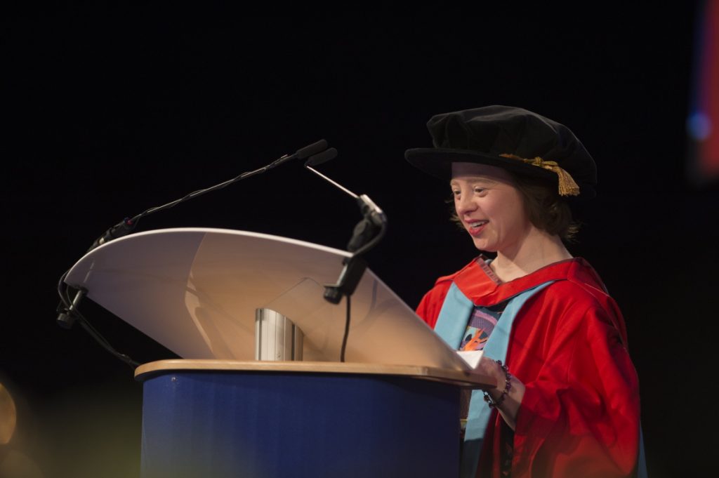 Honorary graduate Sarah Gordy MBE giving a speech at graduation