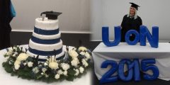 Graduation cake and Stephanie Manning standing behind the word UoN 2015
