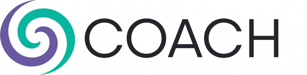 COACH logo showing the letters COACH and a sprial swirl of green and purple