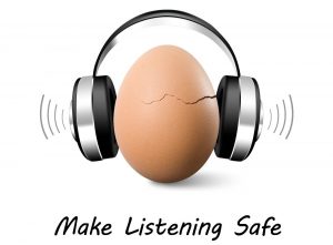 Logo for Make Listening safe, shows an cracked egg wearing headphones