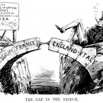 Cartoon about the absence of the USA from the League of Nations, depicted as the missing keystone of the arch, while Uncle Sam looks on, reclining and smoking a cigar