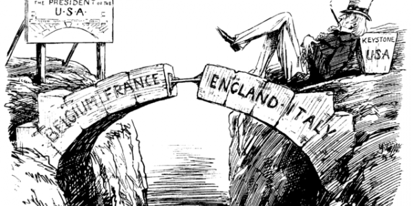 Cartoon about the absence of the USA from the League of Nations, depicted as the missing keystone of the arch, while Uncle Sam looks on, reclining and smoking a cigar