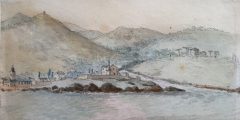 Watercolour by Charles Gore, depicting the Genoa waterfront from the sea