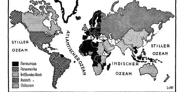 Map of the world purporting to show the spatial distribution of 5 'pan-ideas' across the Earth's surface