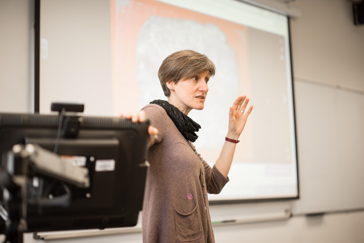 Esther Eidinow giving a Lecture in the Humanities Building, University Park