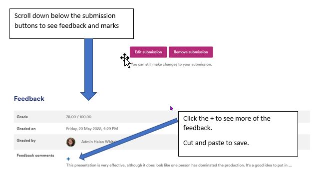 Screenshot showing how to access Moodle feedback by scrollingdown the submission page