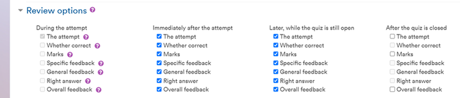 Moodle Quiz review settings screenshot
